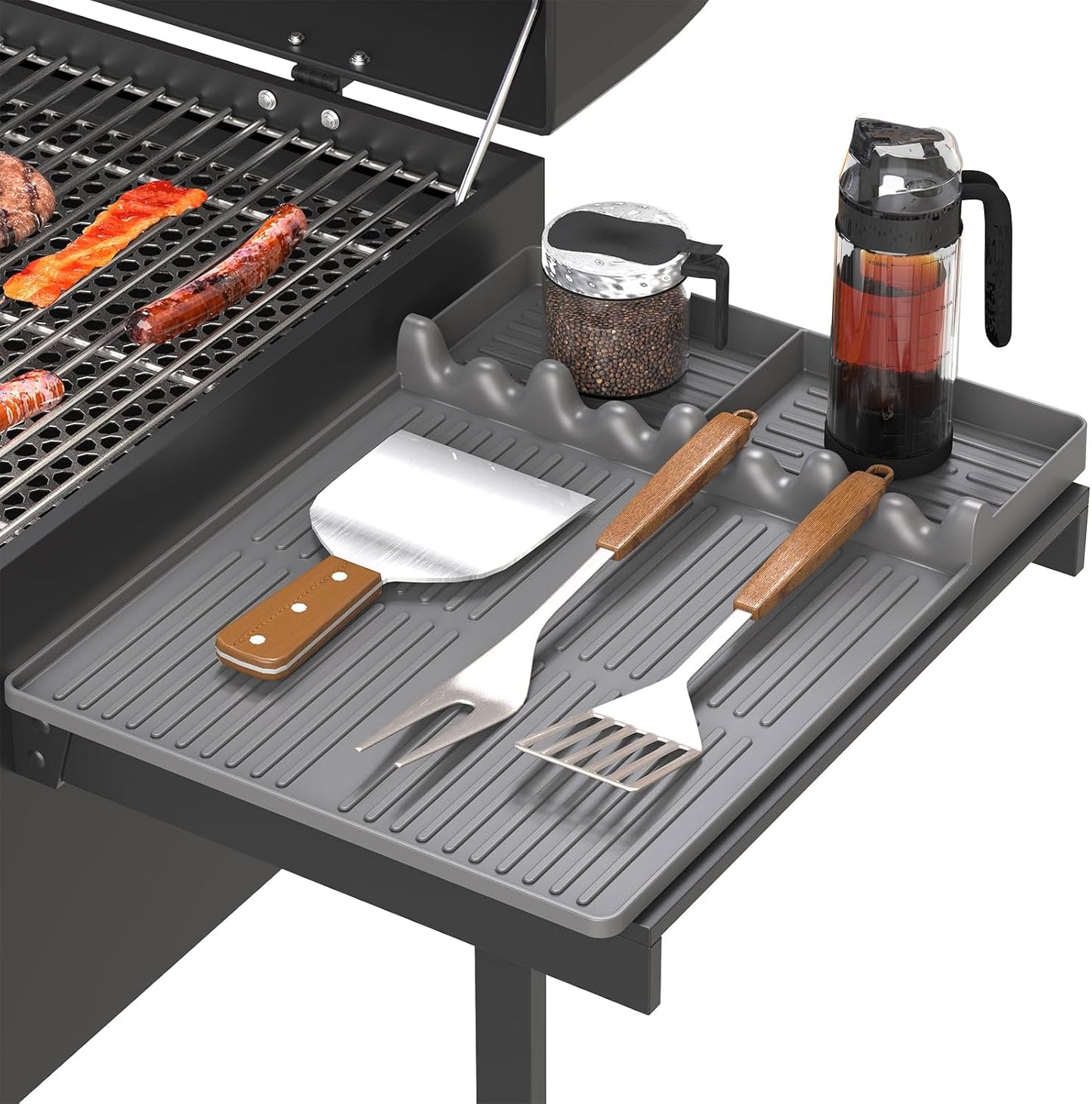 Griddle Mat Compatible with Blackstone, Silicone Grill Tools Mat with Drip Pad, Spatula Mat for Outdoor Grill, Side Shelf Mat Grill Pad (Orange/Grey)