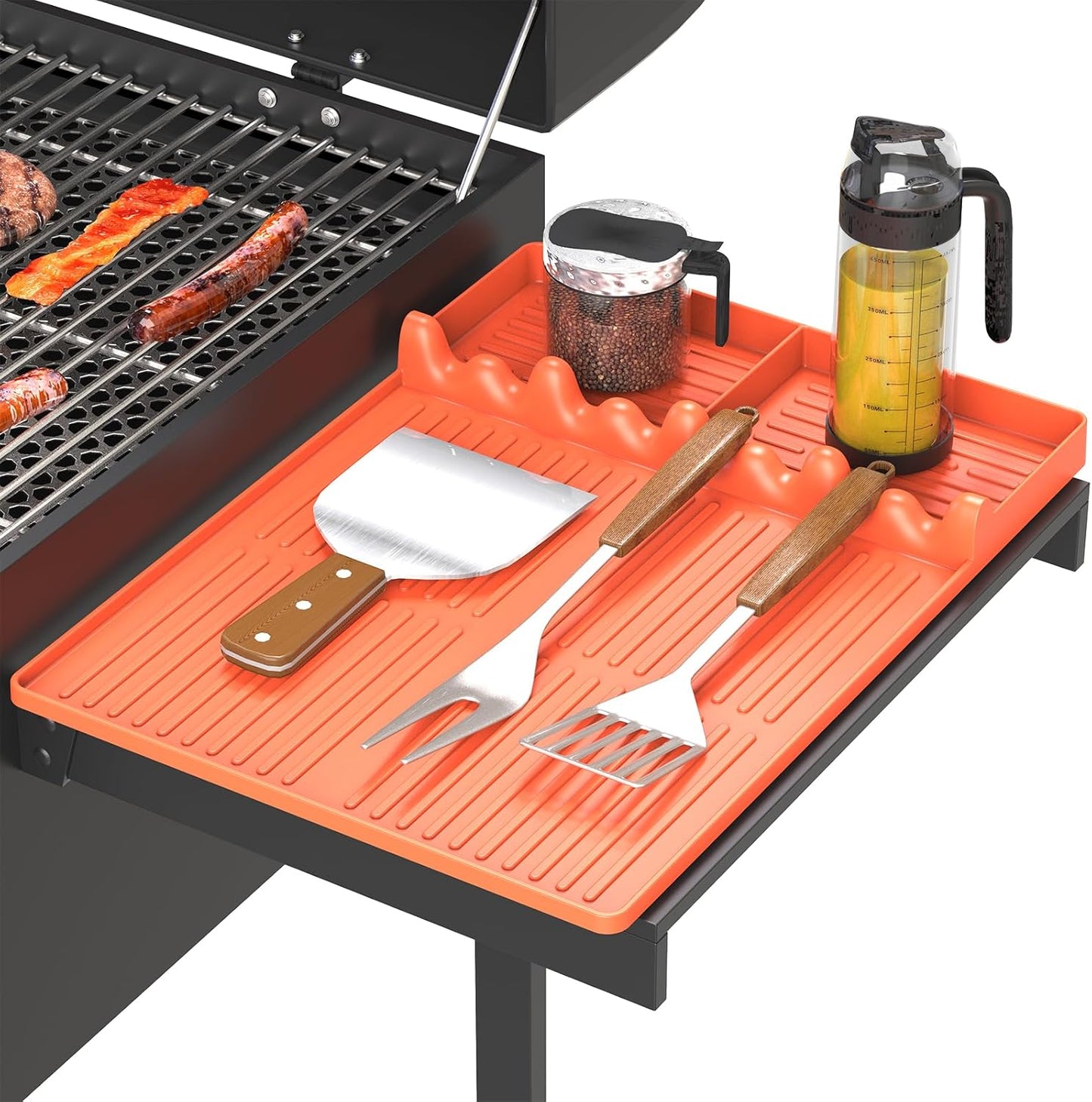 Griddle Mat Compatible with Blackstone, Silicone Grill Tools Mat with Drip Pad, Spatula Mat for Outdoor Grill, Side Shelf Mat Grill Pad (Orange/Grey)