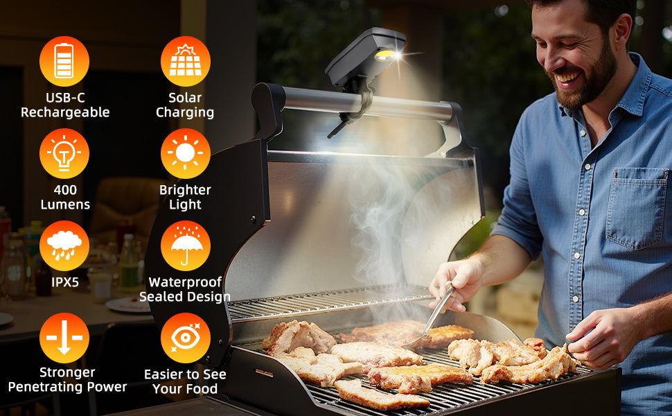 Solar/USB-C Charging Grill Lights for Outdoor Grill,Automatic On/Off LED BBQ Light Designed for All Grills,360° Rotatable,Waterproof and Heat-resistant,Grilling Accessories Gifts for Men