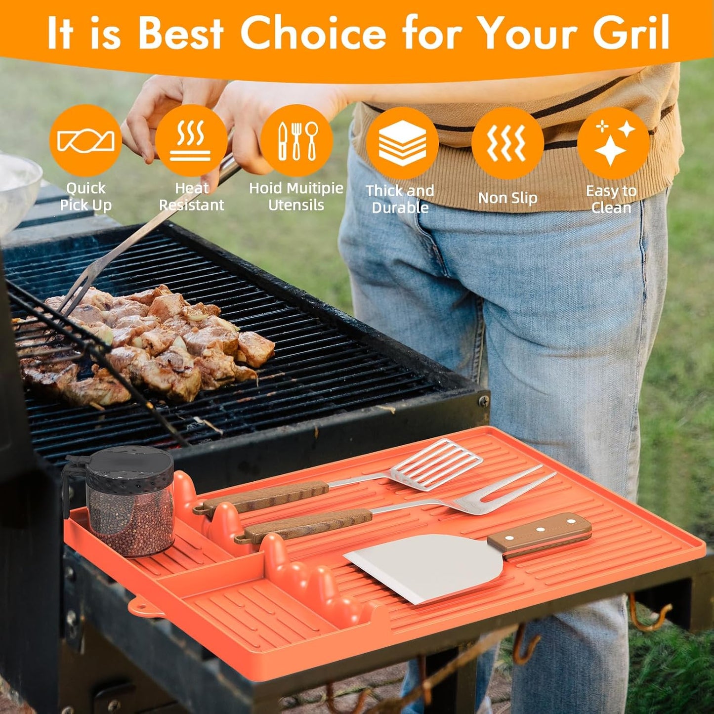 Griddle Mat Compatible with Blackstone, Silicone Grill Tools Mat with Drip Pad, Spatula Mat for Outdoor Grill, Side Shelf Mat Grill Pad (Orange/Grey)