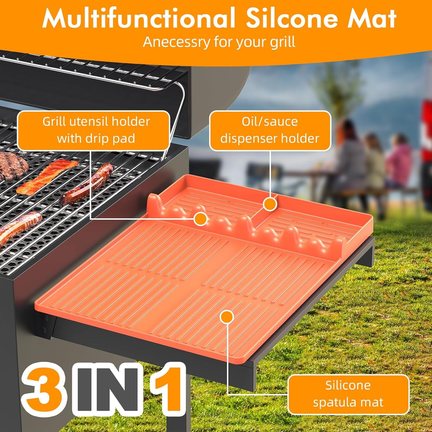 Griddle Mat Compatible with Blackstone, Silicone Grill Tools Mat with Drip Pad, Spatula Mat for Outdoor Grill, Side Shelf Mat Grill Pad (Orange/Grey)