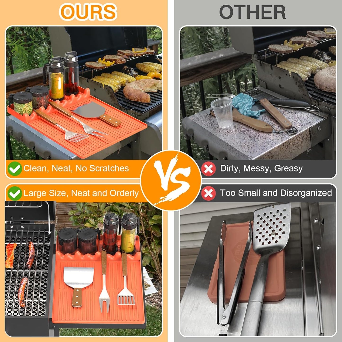 Griddle Mat Compatible with Blackstone, Silicone Grill Tools Mat with Drip Pad, Spatula Mat for Outdoor Grill, Side Shelf Mat Grill Pad (Orange/Grey)