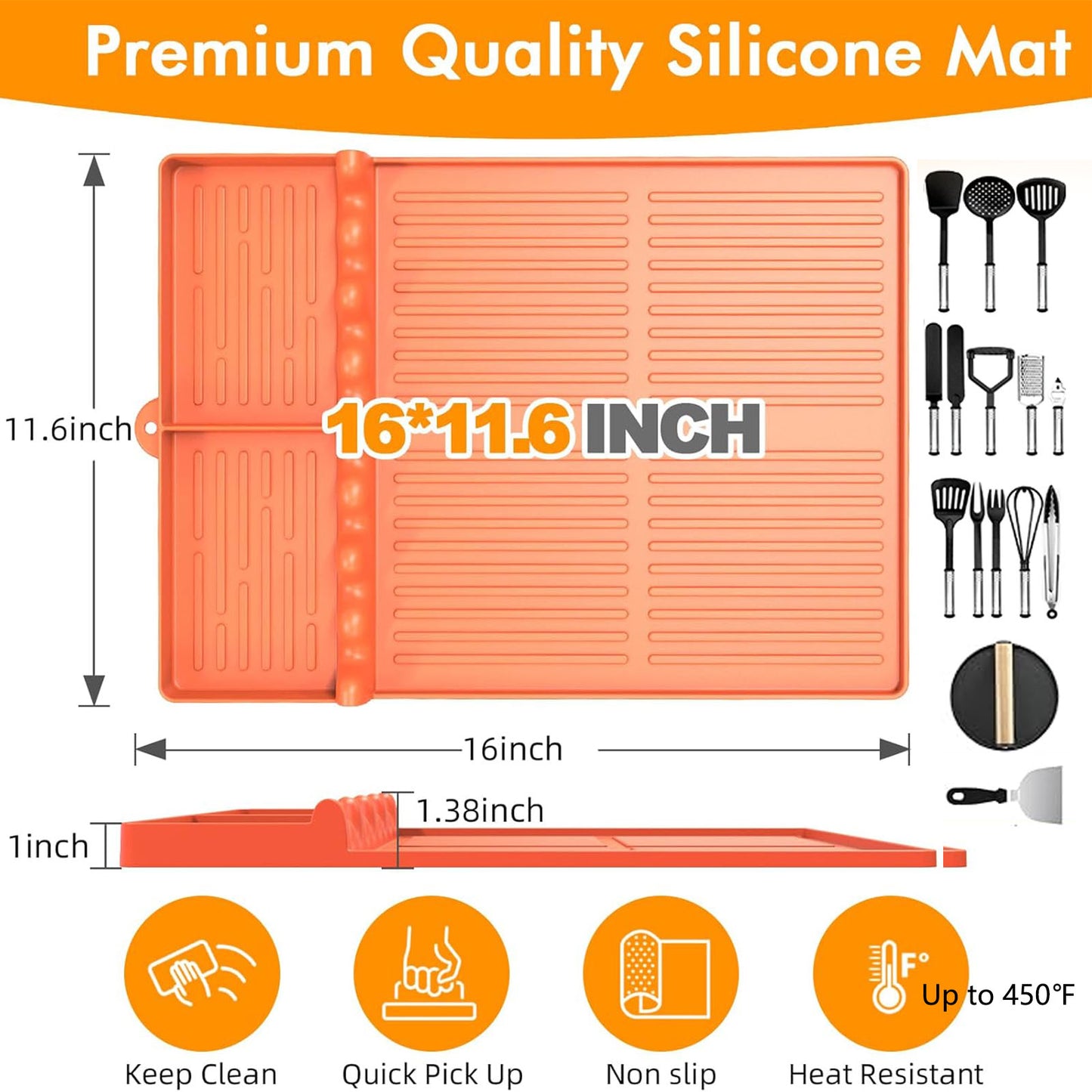 Griddle Mat Compatible with Blackstone, Silicone Grill Tools Mat with Drip Pad, Spatula Mat for Outdoor Grill, Side Shelf Mat Grill Pad (Orange/Grey)