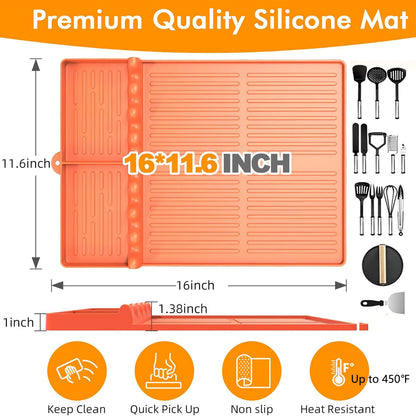 Griddle Mat Compatible with Blackstone, Silicone Grill Tools Mat with Drip Pad, Spatula Mat for Outdoor Grill, Side Shelf Mat Grill Pad (Orange/Grey)