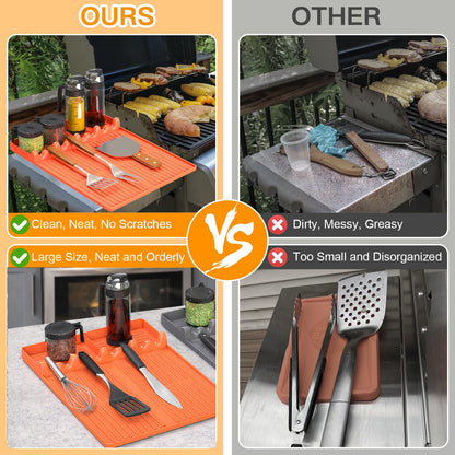 Griddle Mat Compatible with Blackstone, Silicone Grill Tools Mat with Drip Pad, Spatula Mat for Outdoor Grill, Side Shelf Mat Grill Pad (Orange/Grey)