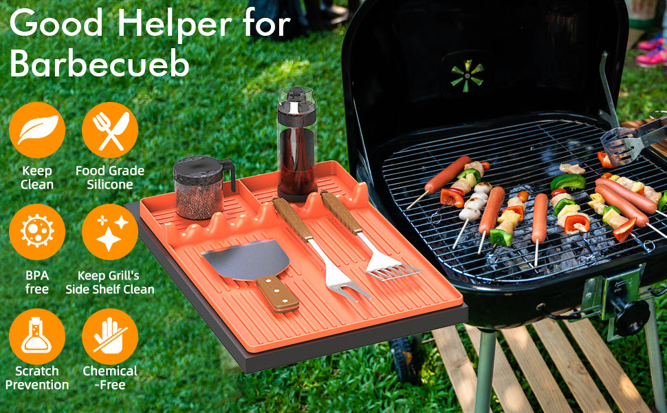 Grey Griddle Mat Compatible with Blackstone, Silicone Grill Tools Mat with Drip Pad, Spatula Mat for Outdoor Grill, Side Shelf Mat Grill Pad (Orange/Grey)