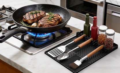 Black Silicone Tools Mat for Griddle Kitchen Cooking Baking Countertop-Side Shelf Spatula Mat with Drip Pad for Blackstone Weber Traeger Pit Boss Flat Top Grill Smoker- BBQ Accessories Gifts for Men
