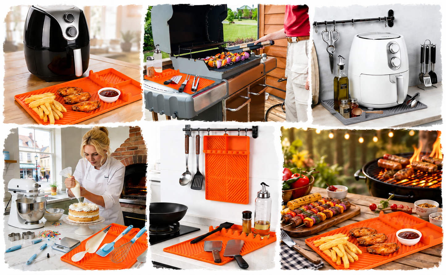 Orange Silicone Tools Mat for Griddle Kitchen Cooking Baking Countertop-Side Shelf Spatula Mat with Drip Pad for Blackstone Weber Traeger Pit Boss Flat Top Grill Smoker- BBQ Accessories Gifts for Men