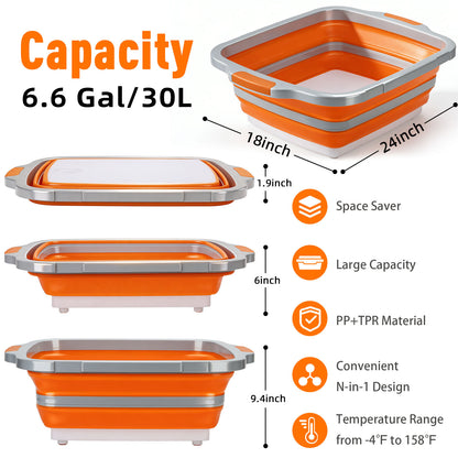 8/16/30L Collapsible BBQ Prep Tub with Locking Lid & Cutting Board - Marinade Container Grill Carry System for RV Picnic Tailgate - Portable Wash Basin for Kitchen Camping Sink - Gift for Men Women