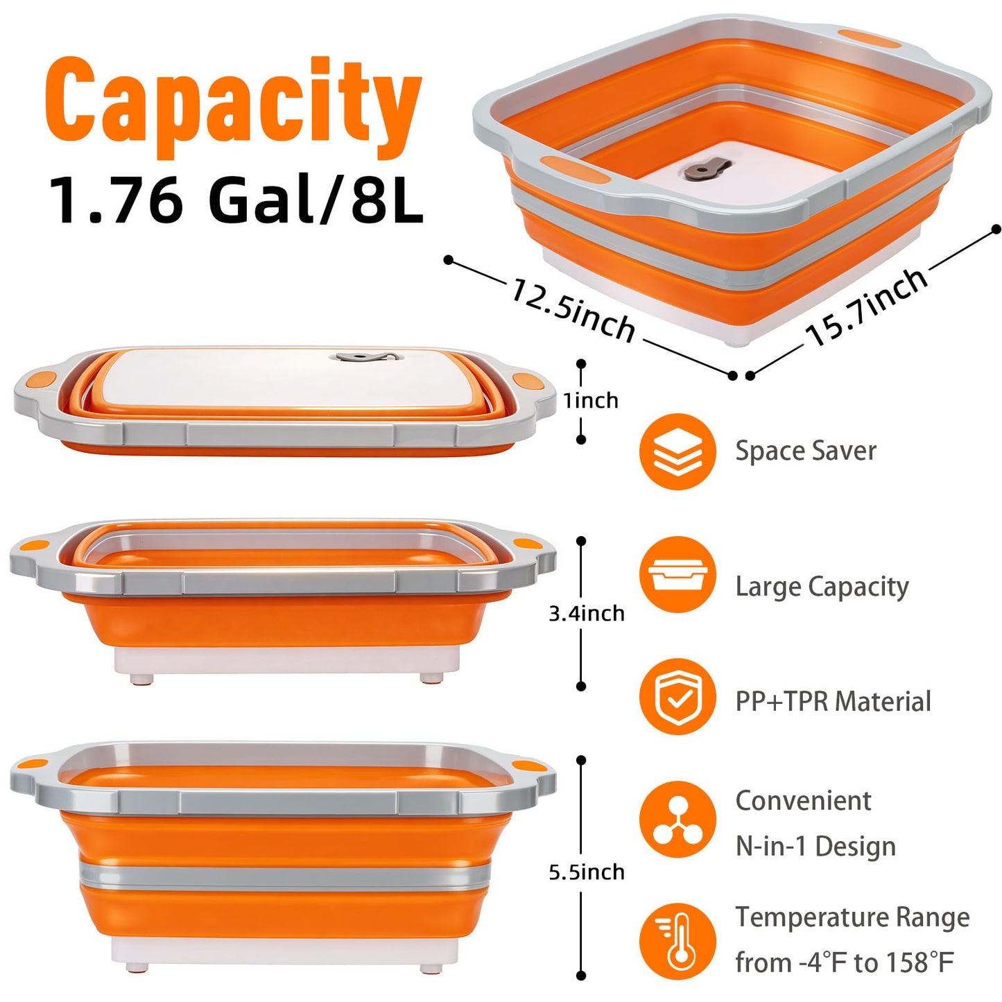 8/16/30L Collapsible BBQ Prep Tub with Locking Lid & Cutting Board - Marinade Container Grill Carry System for RV Picnic Tailgate - Portable Wash Basin for Kitchen Camping Sink - Gift for Men Women