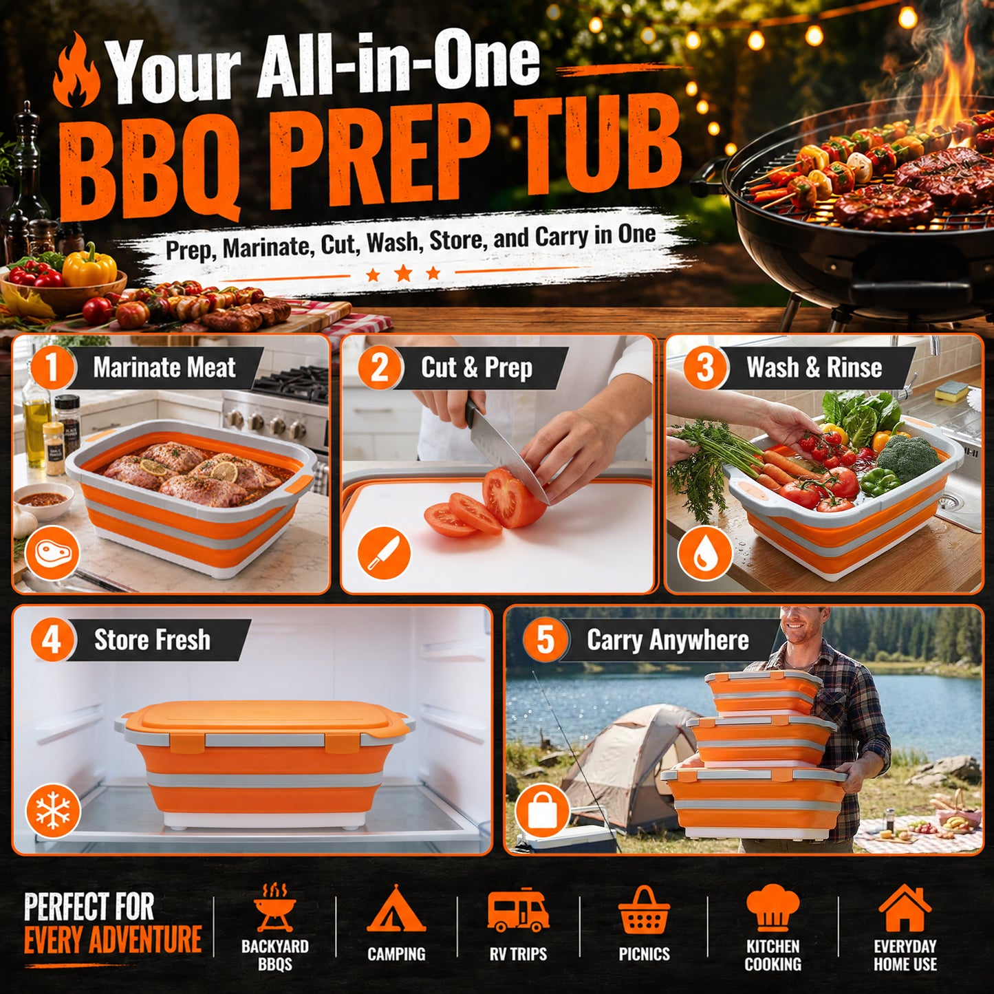 8/16/30L Collapsible BBQ Prep Tub with Locking Lid & Cutting Board - Marinade Container Grill Carry System for RV Picnic Tailgate - Portable Wash Basin for Kitchen Camping Sink - Gift for Men Women
