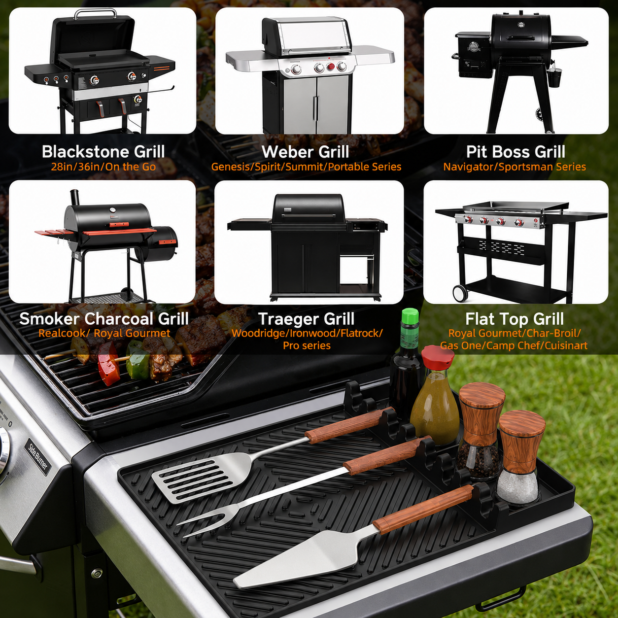 Black Silicone Tools Mat for Griddle Kitchen Cooking Baking Countertop-Side Shelf Spatula Mat with Drip Pad for Blackstone Weber Traeger Pit Boss Flat Top Grill Smoker- BBQ Accessories Gifts for Men