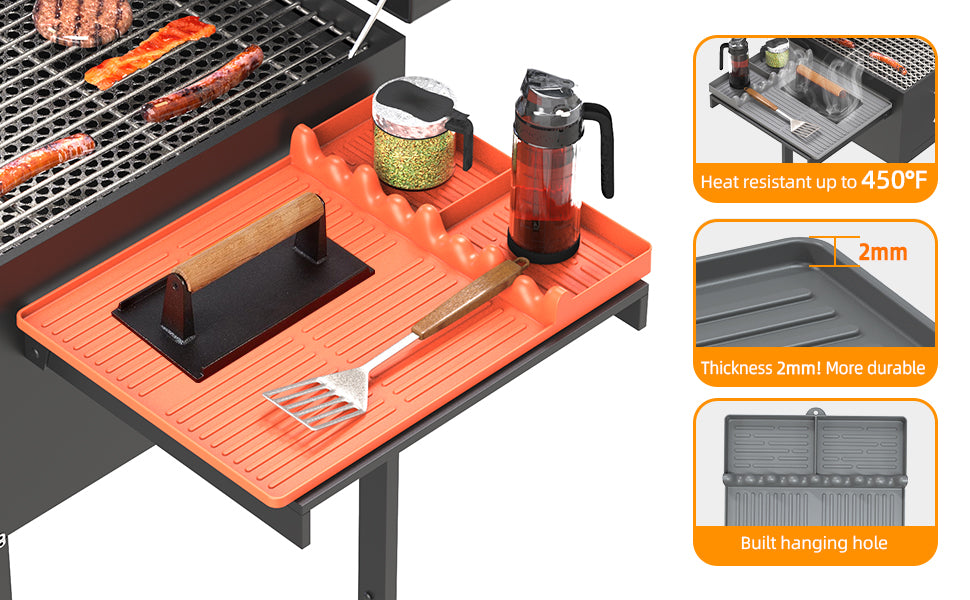 Grey Griddle Mat Compatible with Blackstone, Silicone Grill Tools Mat with Drip Pad, Spatula Mat for Outdoor Grill, Side Shelf Mat Grill Pad (Orange/Grey)