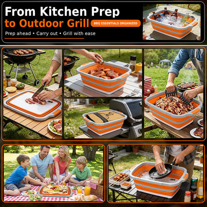 8/16/30L Collapsible BBQ Prep Tub with Locking Lid & Cutting Board - Marinade Container Grill Carry System for RV Picnic Tailgate - Portable Wash Basin for Kitchen Camping Sink - Gift for Men Women