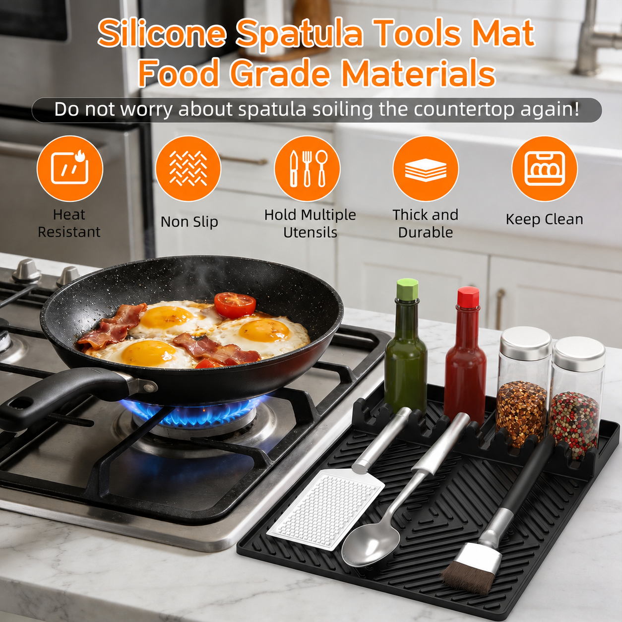 Black Silicone Tools Mat for Griddle Kitchen Cooking Baking Countertop-Side Shelf Spatula Mat with Drip Pad for Blackstone Weber Traeger Pit Boss Flat Top Grill Smoker- BBQ Accessories Gifts for Men