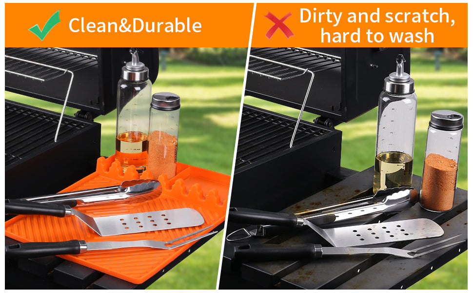 Orange Silicone Tools Mat for Griddle Kitchen Cooking Baking Countertop-Side Shelf Spatula Mat with Drip Pad for Blackstone Weber Traeger Pit Boss Flat Top Grill Smoker- BBQ Accessories Gifts for Men