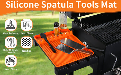 Orange Silicone Tools Mat for Griddle Kitchen Cooking Baking Countertop-Side Shelf Spatula Mat with Drip Pad for Blackstone Weber Traeger Pit Boss Flat Top Grill Smoker- BBQ Accessories Gifts for Men