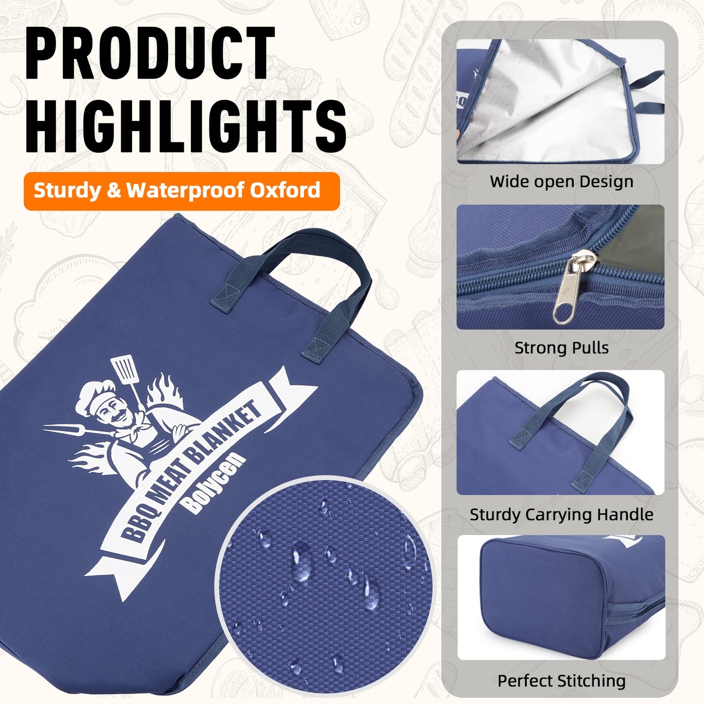21/23in Blue Upgraded Insulated BBQ Blanket for Resting Meat-BBQ Smoker Accessories Gifts for Men Dad Husband-Air Fryer/Kitchen/Camping/Baking/Party Essential-Bag for Brisket/Steak/Pork Shoulder/Turkey
