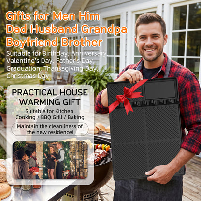 Black Silicone Tools Mat for Griddle Kitchen Cooking Baking Countertop-Side Shelf Spatula Mat with Drip Pad for Blackstone Weber Traeger Pit Boss Flat Top Grill Smoker- BBQ Accessories Gifts for Men