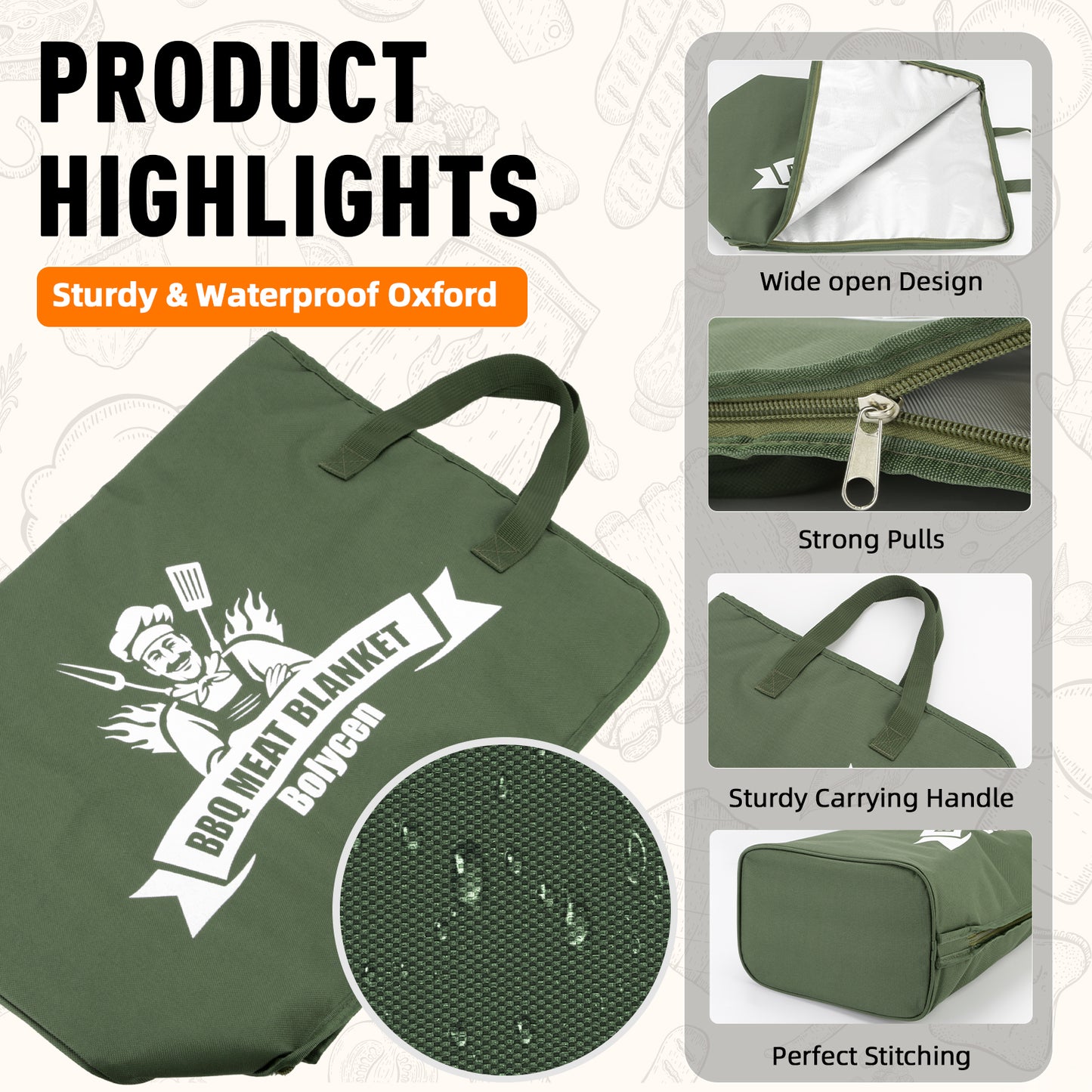 21/23in Green Upgraded Insulated BBQ Blanket for Resting Meat-BBQ Smoker Accessories Gifts for Men Dad Husband-Air Fryer/Kitchen/Camping/Baking/Party Essential-Bag for Brisket/Steak/Pork Shoulder/Turkey
