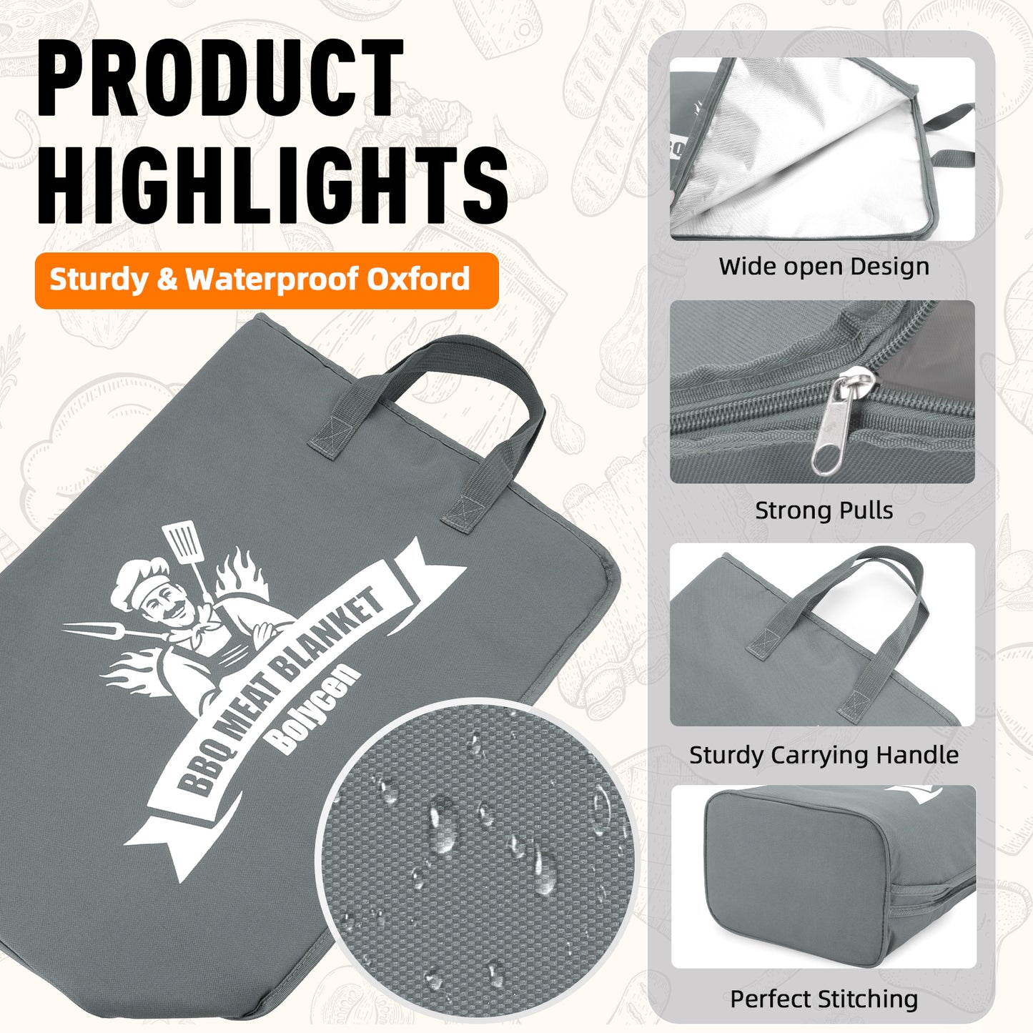 21/23in Gray Upgraded Insulated BBQ Blanket for Resting Meat-BBQ Smoker Accessories Gifts for Men Dad Husband-Air Fryer/Kitchen/Camping/Baking/Party Essential-Bag for Brisket/Steak/Pork Shoulder/Turkey