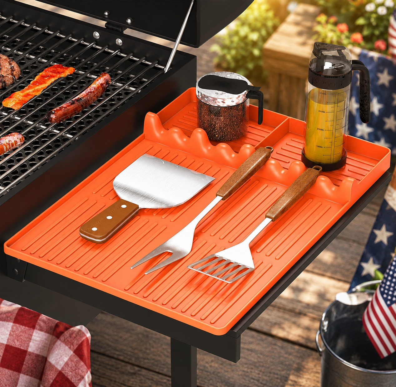Orange Griddle Mat Compatible with Blackstone, Silicone Grill Tools Mat with Drip Pad, Spatula Mat for Outdoor Grill, Side Shelf Mat Grill Pad (Orange/Grey)