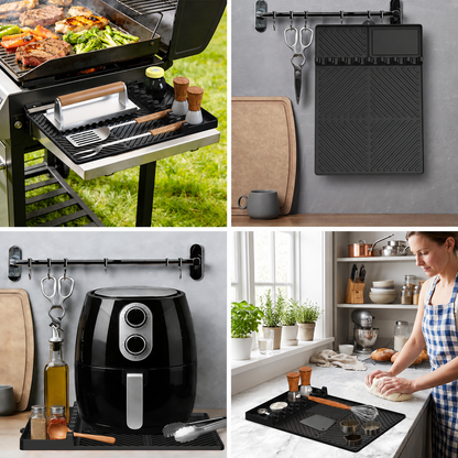 Black Silicone Tools Mat for Griddle Kitchen Cooking Baking Countertop-Side Shelf Spatula Mat with Drip Pad for Blackstone Weber Traeger Pit Boss Flat Top Grill Smoker- BBQ Accessories Gifts for Men