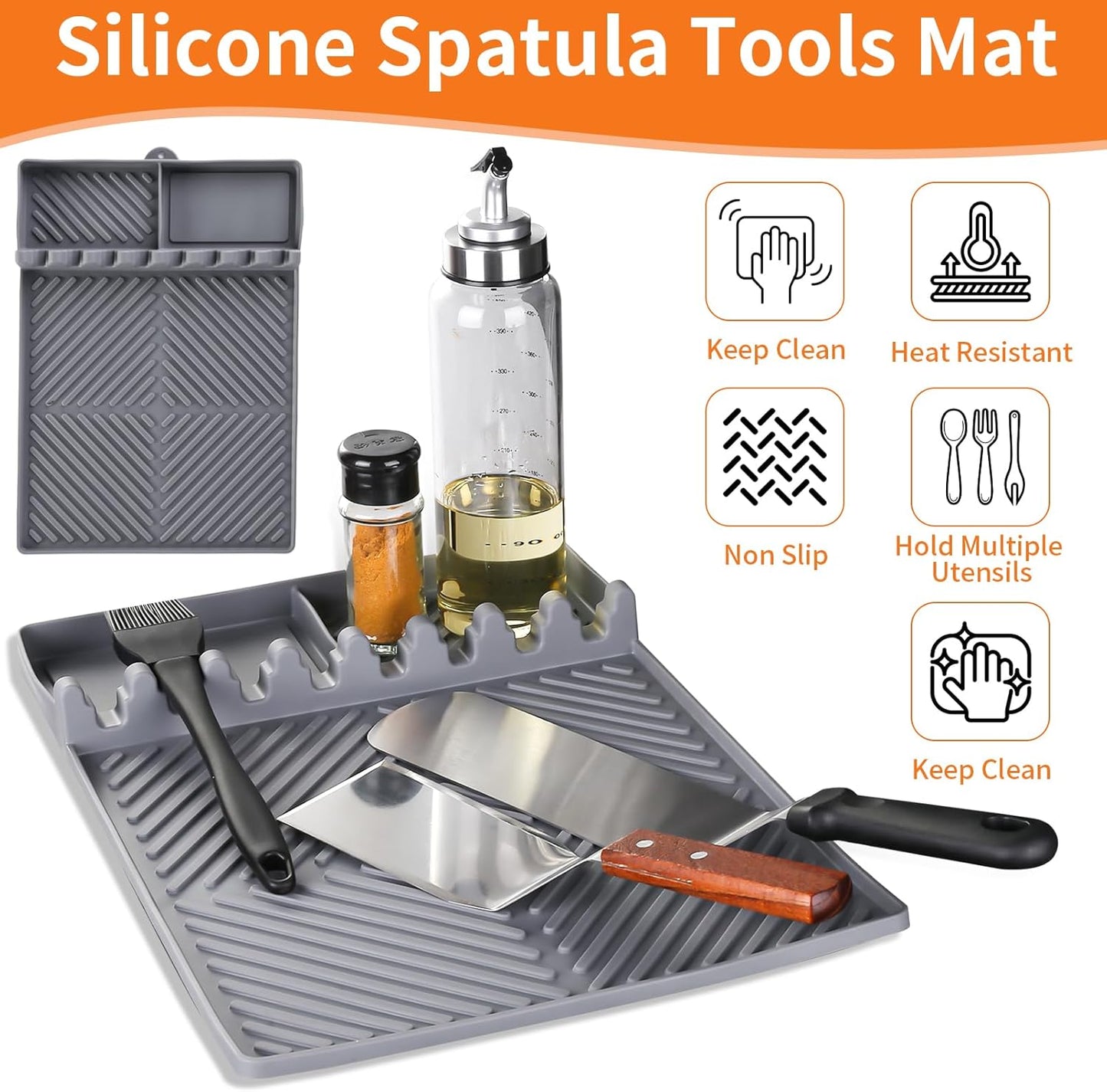 Grey Silicone Tools Mat for Griddle Kitchen Cooking Baking Countertop-Side Shelf Spatula Mat with Drip Pad for Blackstone Weber Traeger Pit Boss Flat Top Grill Smoker- BBQ Accessories Gifts for Men