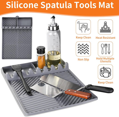 Grey Silicone Tools Mat for Griddle Kitchen Cooking Baking Countertop-Side Shelf Spatula Mat with Drip Pad for Blackstone Weber Traeger Pit Boss Flat Top Grill Smoker- BBQ Accessories Gifts for Men