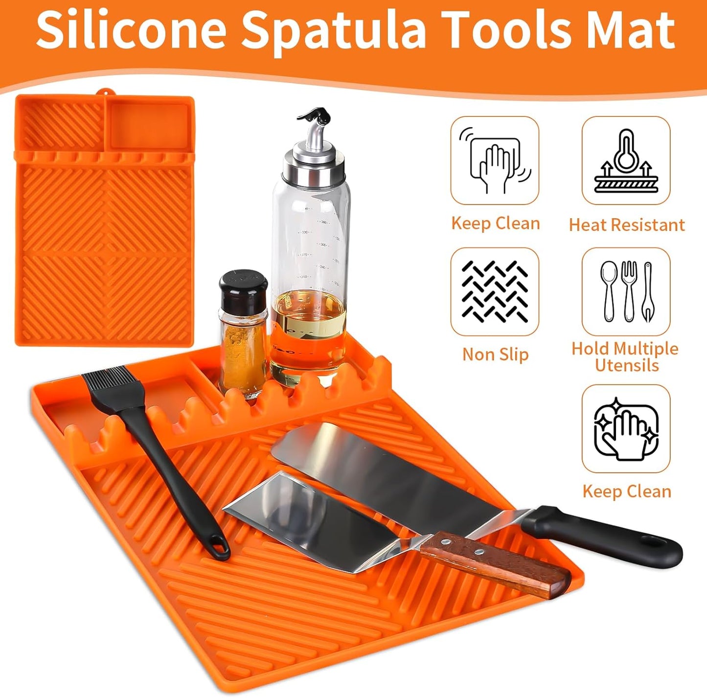 Orange Silicone Tools Mat for Griddle Kitchen Cooking Baking Countertop-Side Shelf Spatula Mat with Drip Pad for Blackstone Weber Traeger Pit Boss Flat Top Grill Smoker- BBQ Accessories Gifts for Men