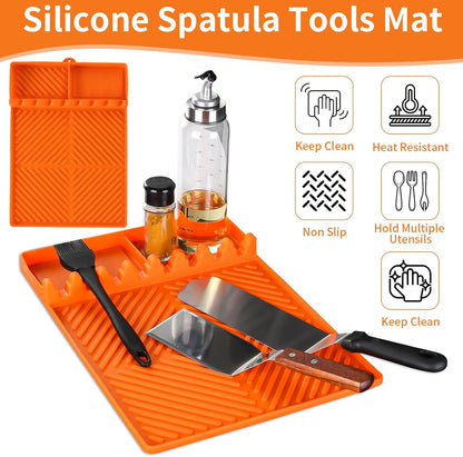 Orange Silicone Tools Mat for Griddle Kitchen Cooking Baking Countertop-Side Shelf Spatula Mat with Drip Pad for Blackstone Weber Traeger Pit Boss Flat Top Grill Smoker- BBQ Accessories Gifts for Men