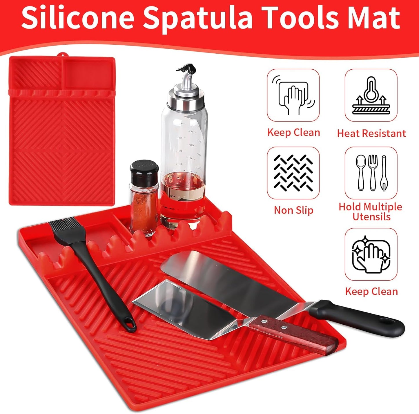 Red Silicone Tools Mat for Griddle Kitchen Cooking Baking Countertop-Side Shelf Spatula Mat with Drip Pad for Blackstone Weber Traeger Pit Boss Flat Top Grill Smoker- BBQ Accessories Gifts for Men