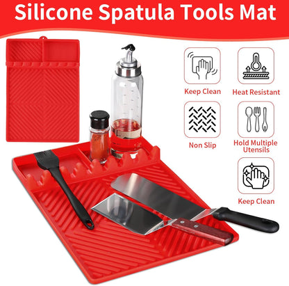 Red Silicone Tools Mat for Griddle Kitchen Cooking Baking Countertop-Side Shelf Spatula Mat with Drip Pad for Blackstone Weber Traeger Pit Boss Flat Top Grill Smoker- BBQ Accessories Gifts for Men