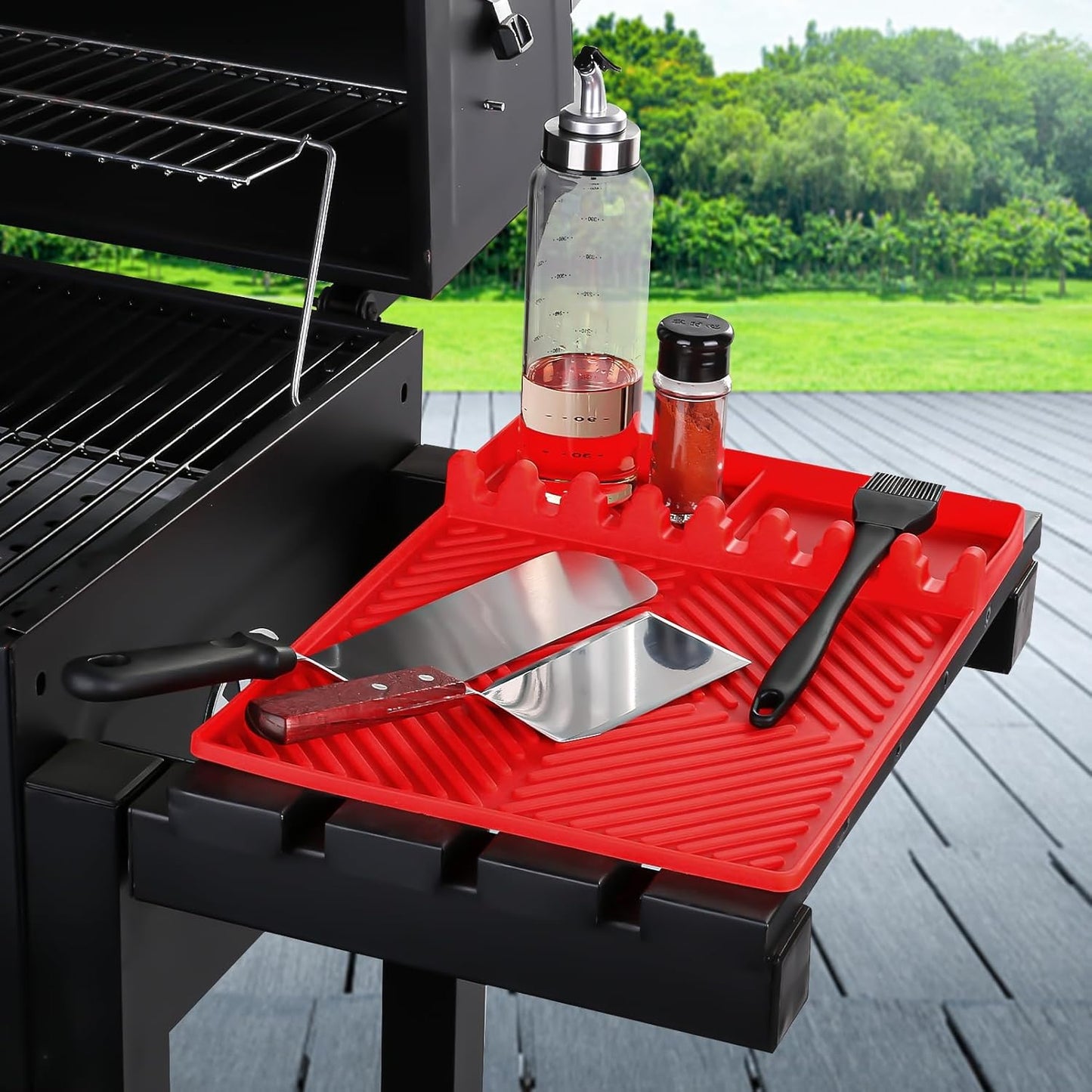 Red Silicone Tools Mat for Griddle Kitchen Cooking Baking Countertop-Side Shelf Spatula Mat with Drip Pad for Blackstone Weber Traeger Pit Boss Flat Top Grill Smoker- BBQ Accessories Gifts for Men