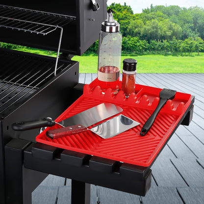 Red Silicone Tools Mat for Griddle Kitchen Cooking Baking Countertop-Side Shelf Spatula Mat with Drip Pad for Blackstone Weber Traeger Pit Boss Flat Top Grill Smoker- BBQ Accessories Gifts for Men