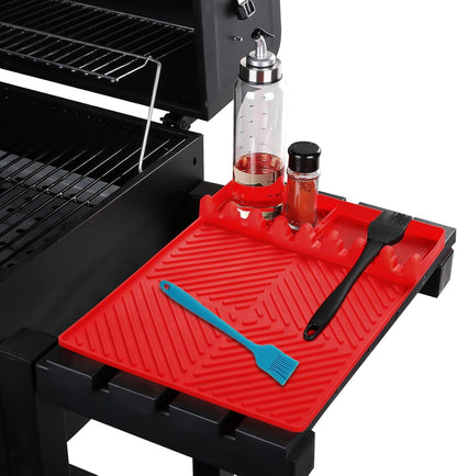 Red Silicone Tools Mat for Griddle Kitchen Cooking Baking Countertop-Side Shelf Spatula Mat with Drip Pad for Blackstone Weber Traeger Pit Boss Flat Top Grill Smoker- BBQ Accessories Gifts for Men