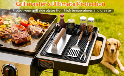 Black Silicone Tools Mat for Griddle Kitchen Cooking Baking Countertop-Side Shelf Spatula Mat with Drip Pad for Blackstone Weber Traeger Pit Boss Flat Top Grill Smoker- BBQ Accessories Gifts for Men