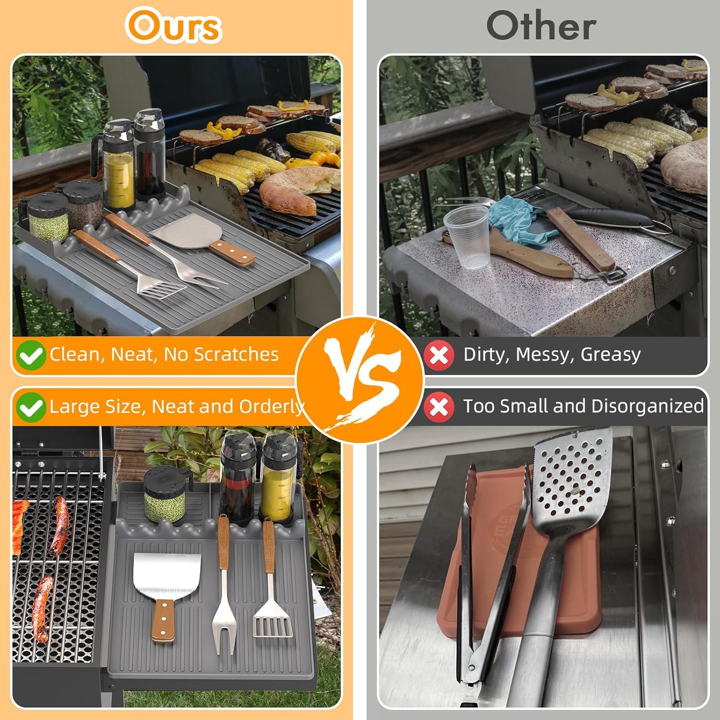 Grey Griddle Mat Compatible with Blackstone, Silicone Grill Tools Mat with Drip Pad, Spatula Mat for Outdoor Grill, Side Shelf Mat Grill Pad (Orange/Grey)