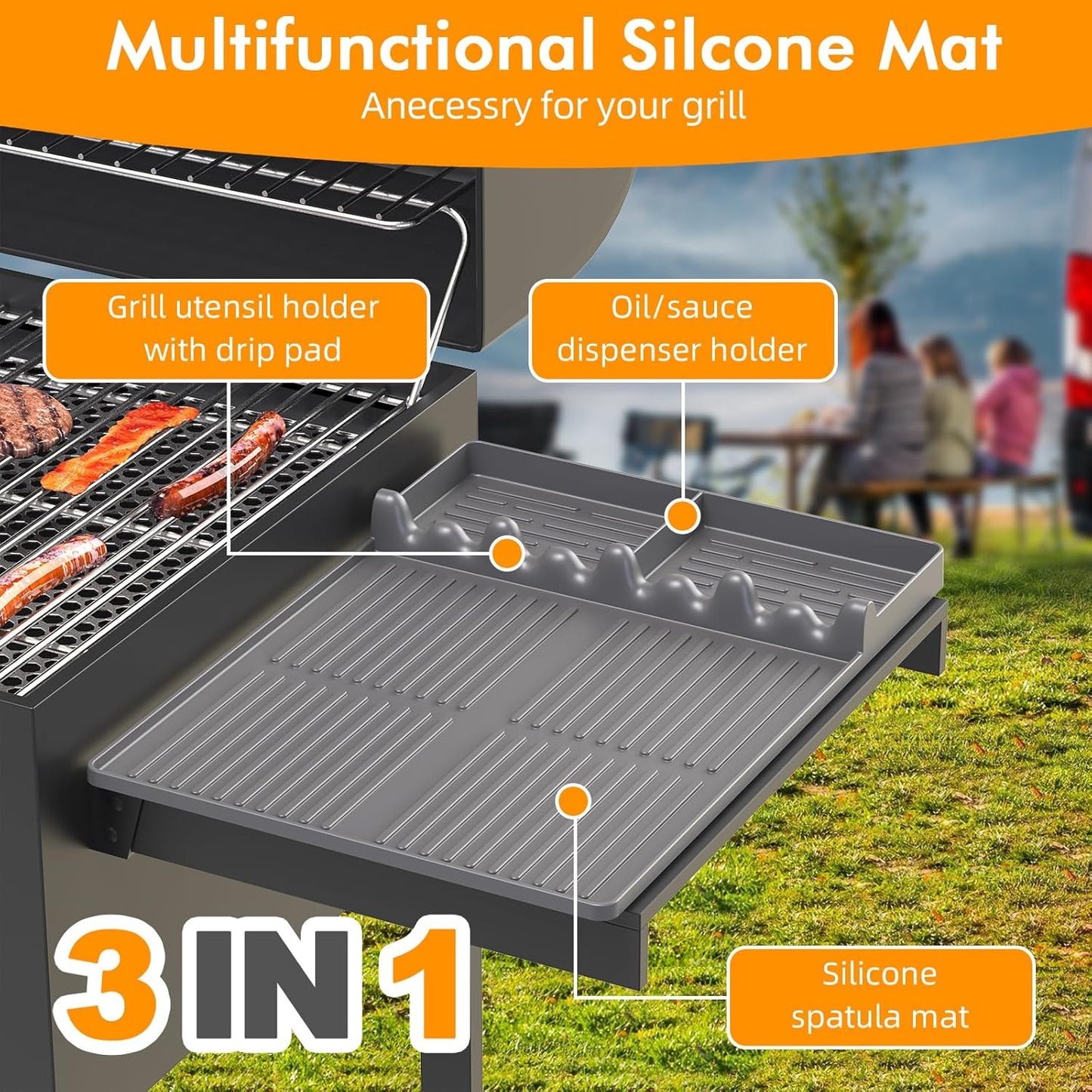 Grey Griddle Mat Compatible with Blackstone, Silicone Grill Tools Mat with Drip Pad, Spatula Mat for Outdoor Grill, Side Shelf Mat Grill Pad (Orange/Grey)