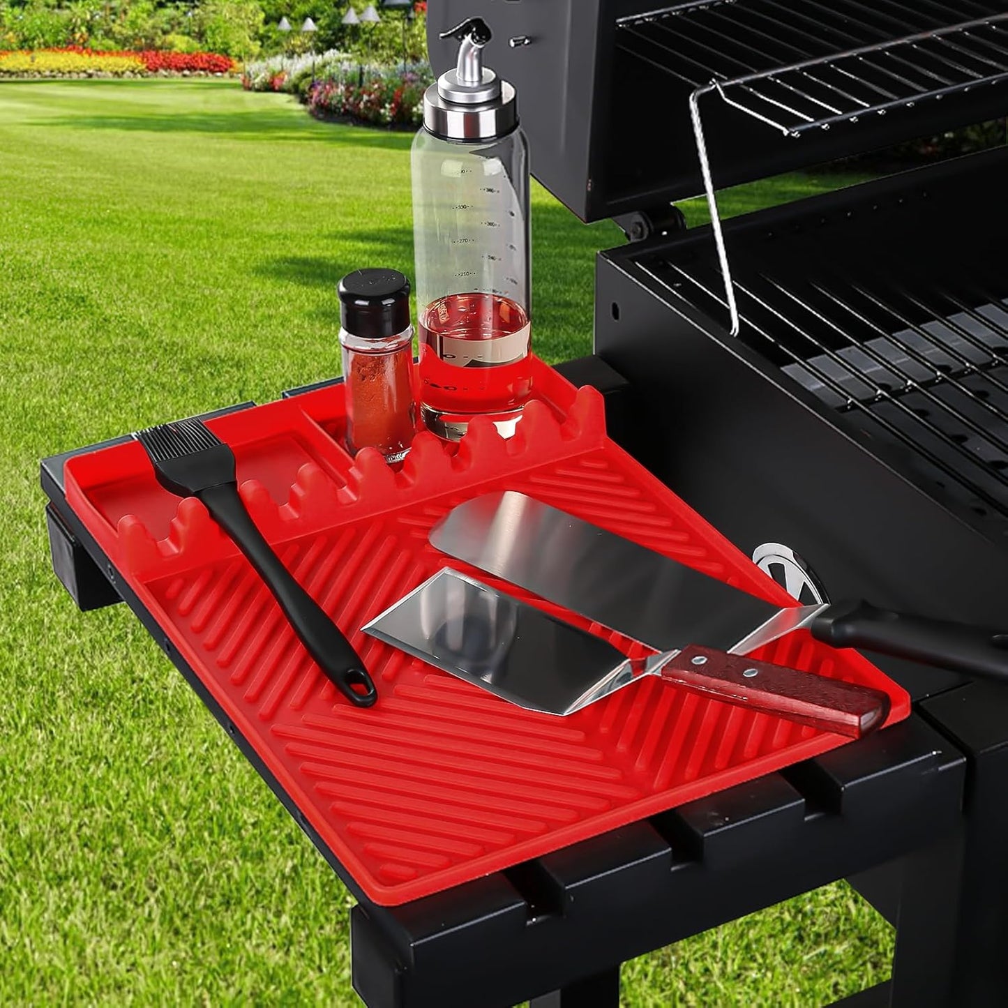 Red Silicone Tools Mat for Griddle Kitchen Cooking Baking Countertop-Side Shelf Spatula Mat with Drip Pad for Blackstone Weber Traeger Pit Boss Flat Top Grill Smoker- BBQ Accessories Gifts for Men