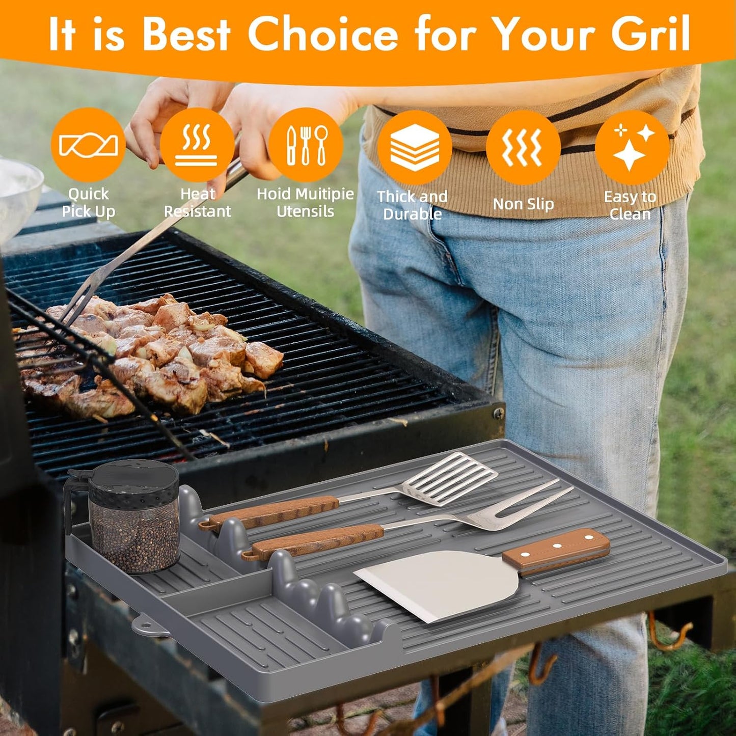 Griddle Mat Compatible with Blackstone, Silicone Grill Tools Mat with Drip Pad, Spatula Mat for Outdoor Grill, Side Shelf Mat Grill Pad (Orange/Grey)