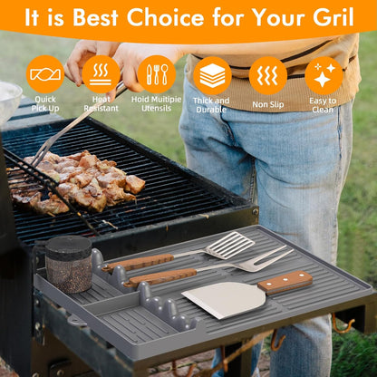 Griddle Mat Compatible with Blackstone, Silicone Grill Tools Mat with Drip Pad, Spatula Mat for Outdoor Grill, Side Shelf Mat Grill Pad (Orange/Grey)