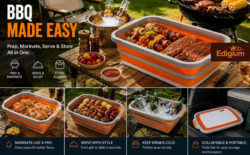 8/16/30L Collapsible BBQ Prep Tub with Locking Lid & Cutting Board - Marinade Container Grill Carry System for RV Picnic Tailgate - Portable Wash Basin for Kitchen Camping Sink - Gift for Men Women