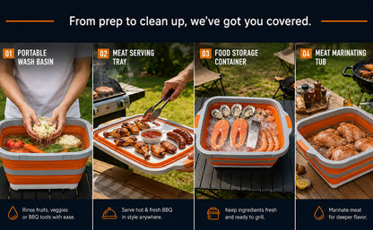 8/16/30L Collapsible BBQ Prep Tub with Locking Lid & Cutting Board - Marinade Container Grill Carry System for RV Picnic Tailgate - Portable Wash Basin for Kitchen Camping Sink - Gift for Men Women