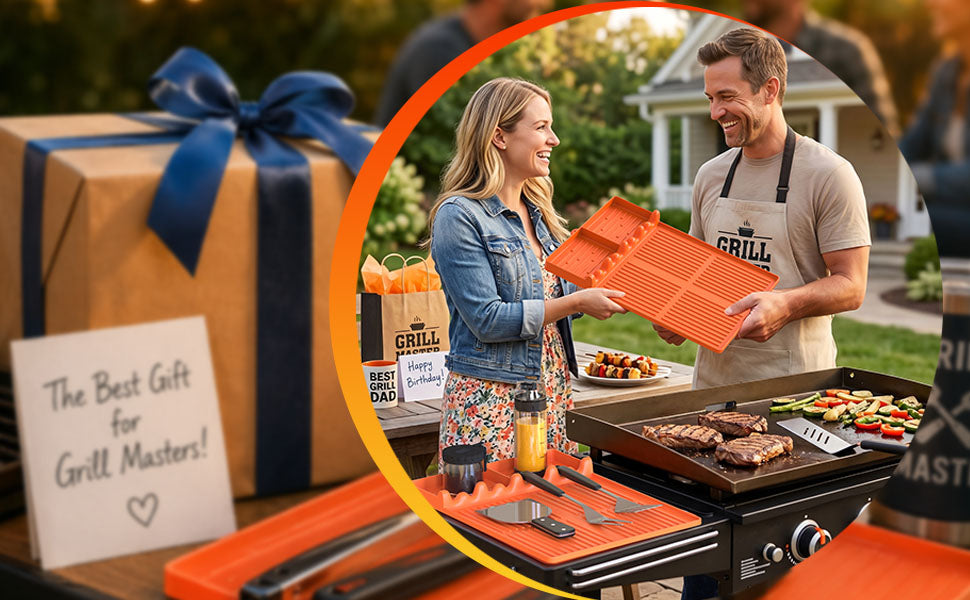 Griddle Mat Compatible with Blackstone, Silicone Grill Tools Mat with Drip Pad, Spatula Mat for Outdoor Grill, Side Shelf Mat Grill Pad (Orange/Grey)