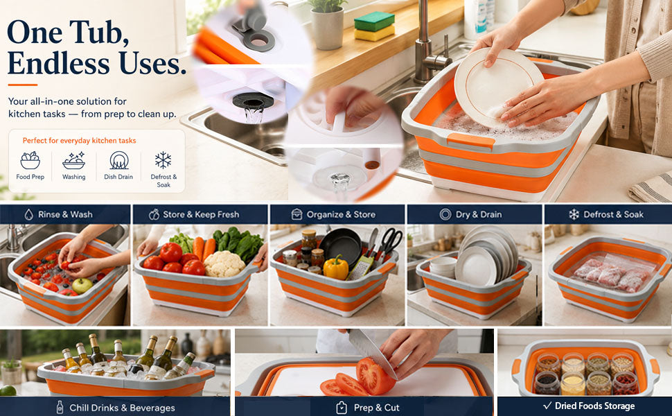 8/16/30L Collapsible BBQ Prep Tub with Locking Lid & Cutting Board - Marinade Container Grill Carry System for RV Picnic Tailgate - Portable Wash Basin for Kitchen Camping Sink - Gift for Men Women