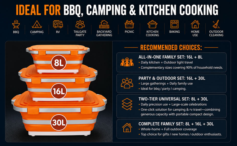 8/16/30L Collapsible BBQ Prep Tub with Locking Lid & Cutting Board - Marinade Container Grill Carry System for RV Picnic Tailgate - Portable Wash Basin for Kitchen Camping Sink - Gift for Men Women