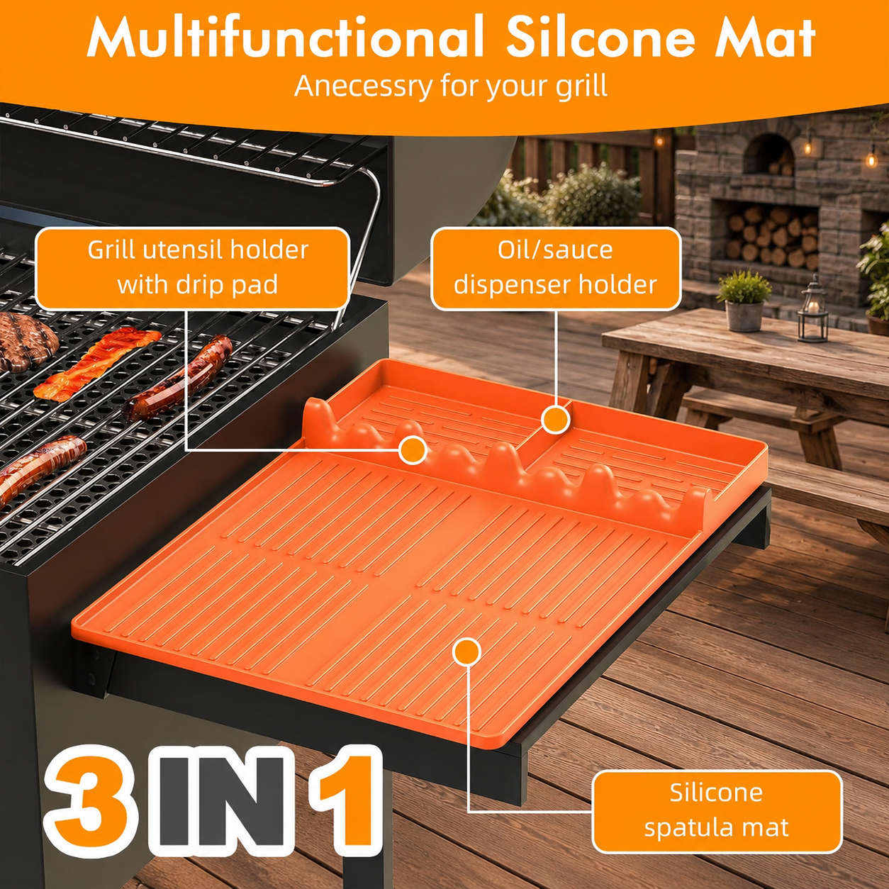 Orange Griddle Mat Compatible with Blackstone, Silicone Grill Tools Mat with Drip Pad, Spatula Mat for Outdoor Grill, Side Shelf Mat Grill Pad (Orange/Grey)