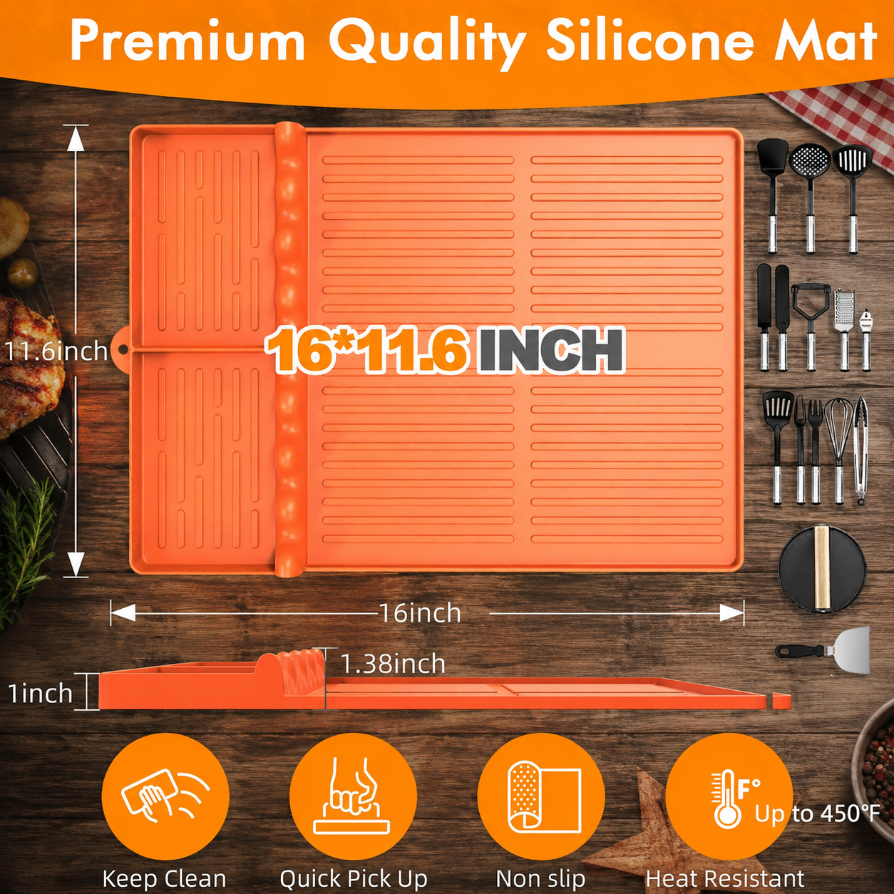 Orange Griddle Mat Compatible with Blackstone, Silicone Grill Tools Mat with Drip Pad, Spatula Mat for Outdoor Grill, Side Shelf Mat Grill Pad (Orange/Grey)
