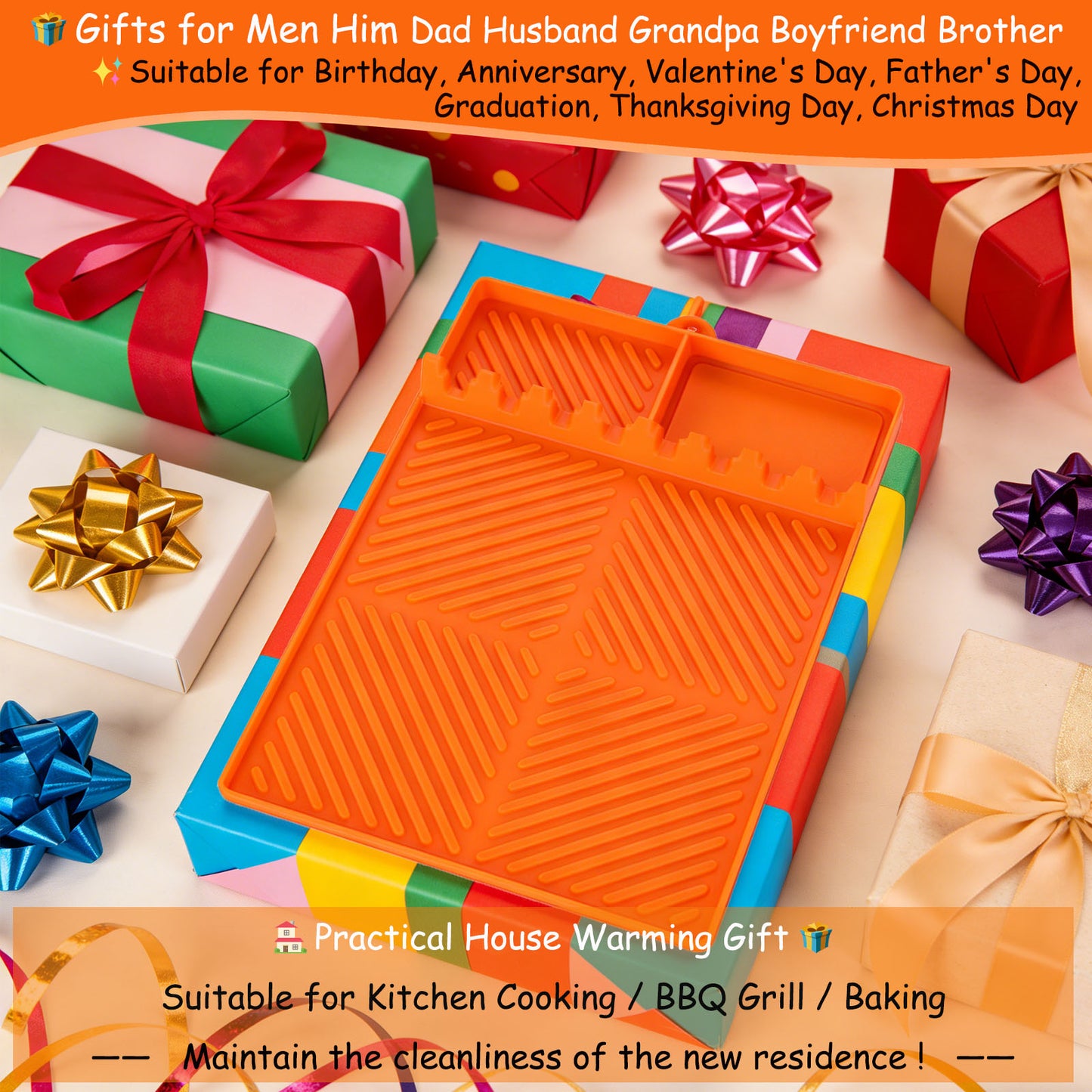 Orange Silicone Tools Mat for Griddle Kitchen Cooking Baking Countertop-Side Shelf Spatula Mat with Drip Pad for Blackstone Weber Traeger Pit Boss Flat Top Grill Smoker- BBQ Accessories Gifts for Men